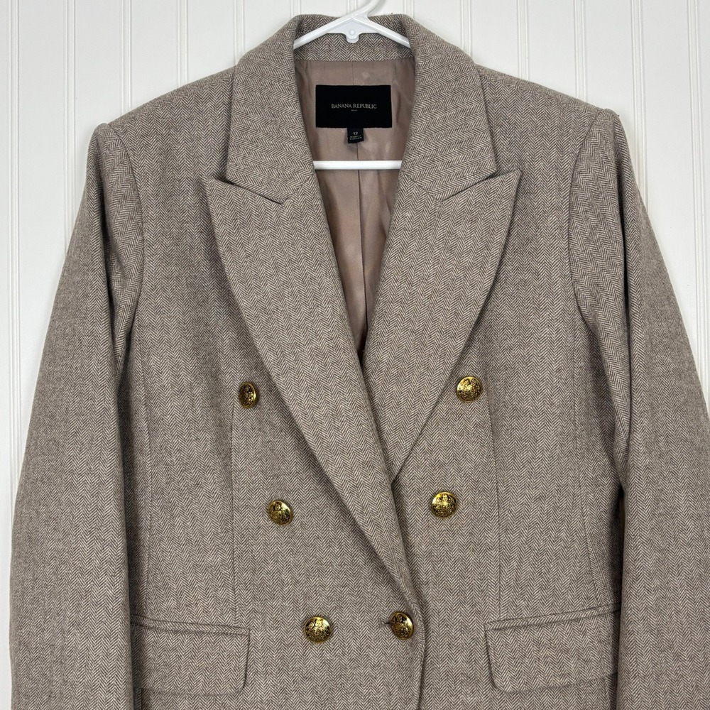 Banana Republic Blazer Women 12 Brown Herringbone Wool Blend Gold Button - Picture 3 of 12